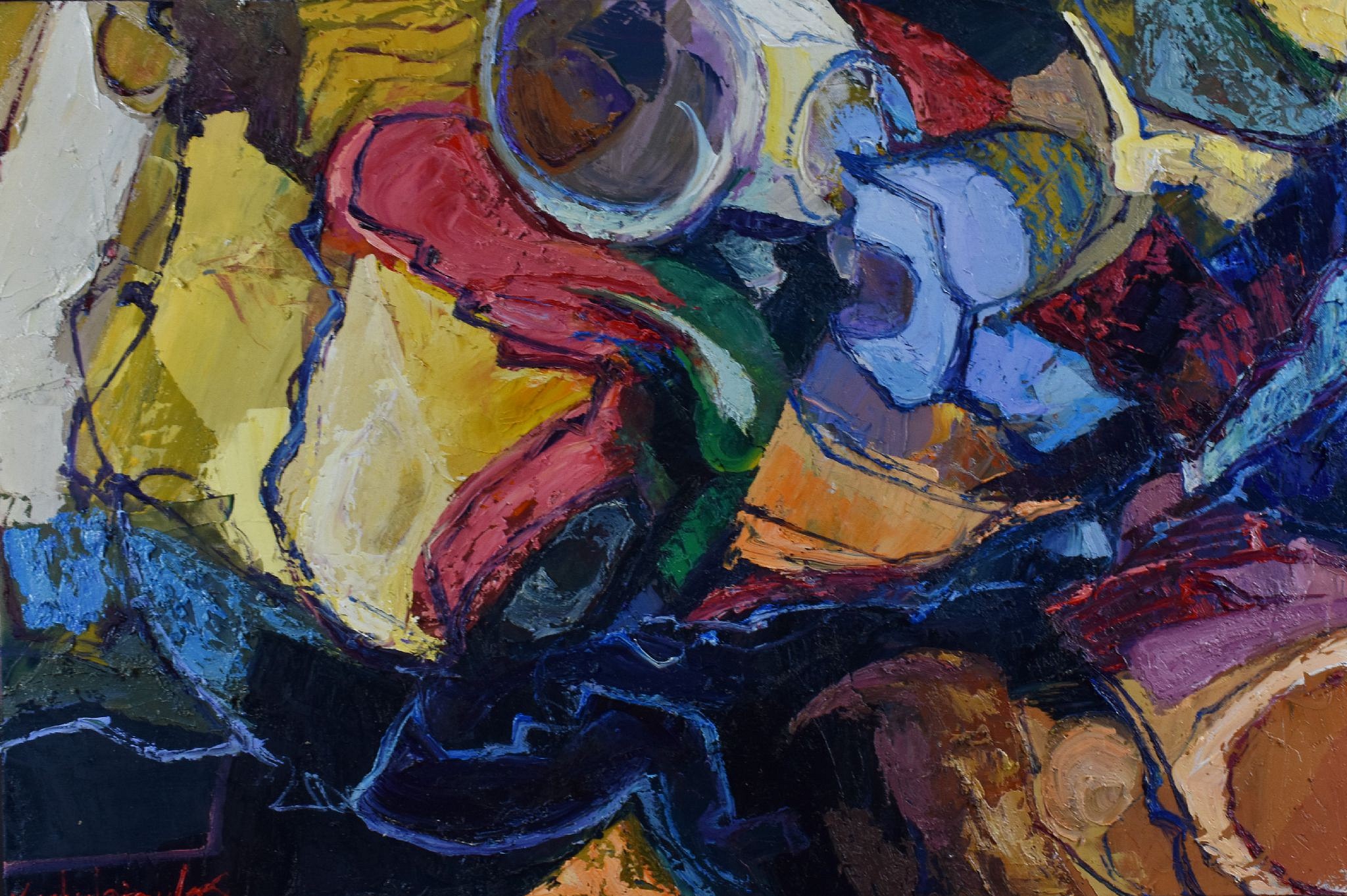 Most of my still lives derive from my terrasse–living in or living out. Wine and food, a set table and OMG don't forget the bread. Chairs and the curated space. A celebration of domesticity and relationship.
- James Michalopoulos
A central tenet to Michalopous’ approach is to always remain open. As a result, his paintings explore an endless range of subject matters: martini glasses adrift in the cosmos; Charley Chimp, the cymbal-playing monkey; and a series featuring toy clowns at leisure and play.
He returns on occasion to the more traditional subject of the still life, which was identified by Edouard Manet as “the touchstone of painting.” But even with this body of work he provides his own contemporary American interpretation by inserting hamburgers and other unexpected objects into the tableau. We are reminded to expect the unexpected.
-Caroline Kerrigan, Curator