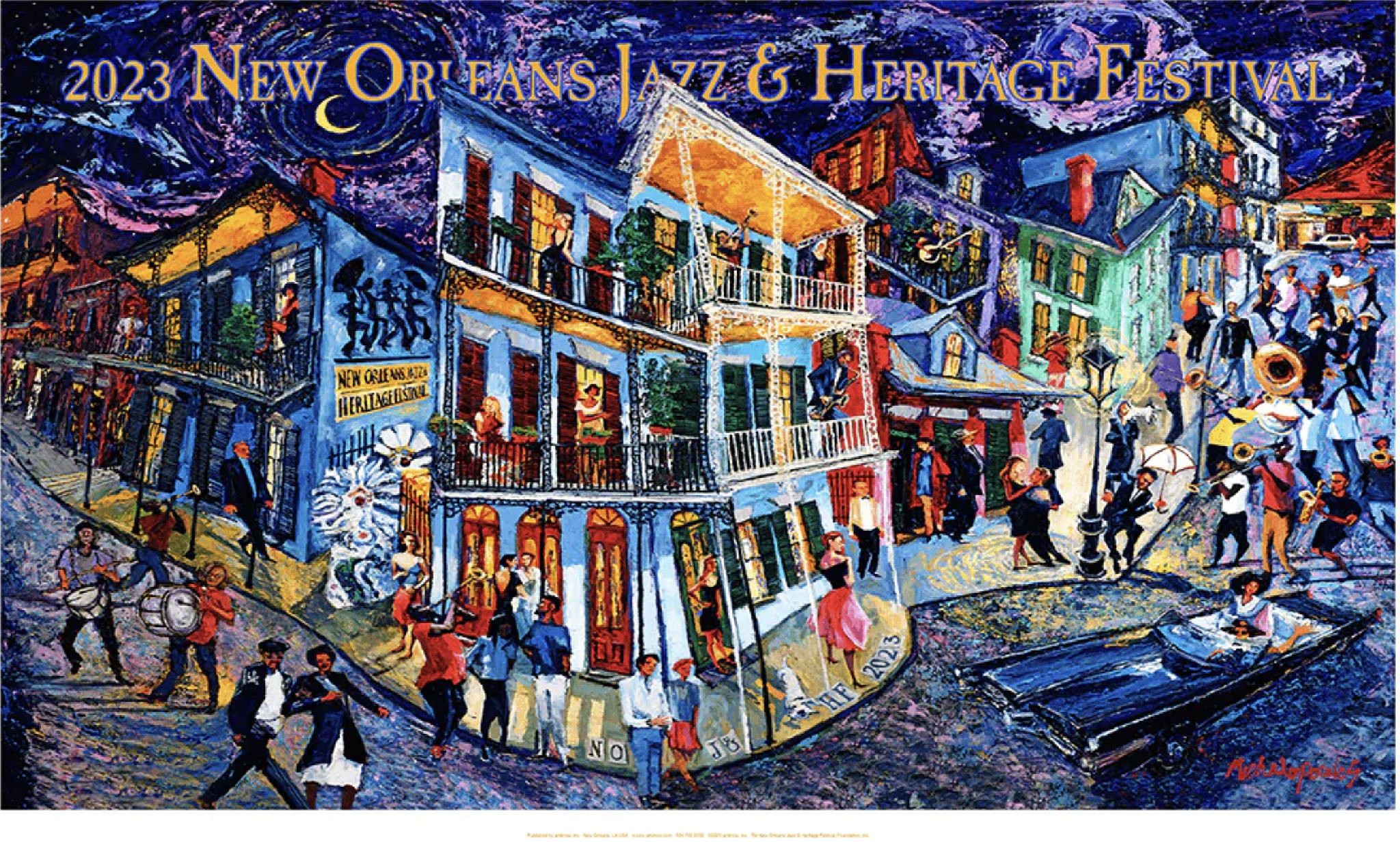 The New Orleans Jazz and Heritage Festival honored Michalopoulos as Official Artist six times (more than any other artist in the festival’s history), and featured his artwork on the highly-collected Festival poster.
Jazz Festival poster descriptions courtesy Art4Now.
Narrative easily emerges, though, when the subject is situated in a scene … or when two or three subjects occupy the same canvas…In the commissioned portraits of musicians for the New Orleans Jazz and Heritage Festival, Michalopoulos combines the personality of the subject and the timbre of their music with the narrative of place in which they are situated.
-Bradley Sumrall, the Ogden Museum of Southern Art, Chief Curator